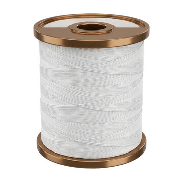 Isolated white spool of thread with copper rim, sewing and tailoring accessory, textile craft