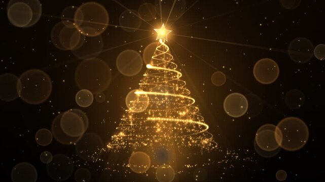 Golden Christmas Tree Particle Swirl Animation with Glowing Bokeh Background