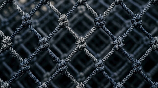 Macro close-up of a dark blue knotted nylon fishing net. Intricate diamond mesh pattern and twisted rope texture