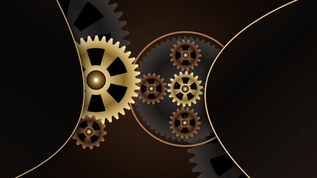 Golden steampunk gears and cogs rotating in seamless clockwork loop with dark background animation