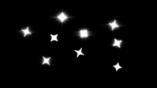 Sparkling stars shine animation with gold and white glowing stars, flat vector doodle style, magical glitter burst, luminous flare rays and festive motion graphics on black background, 4k video