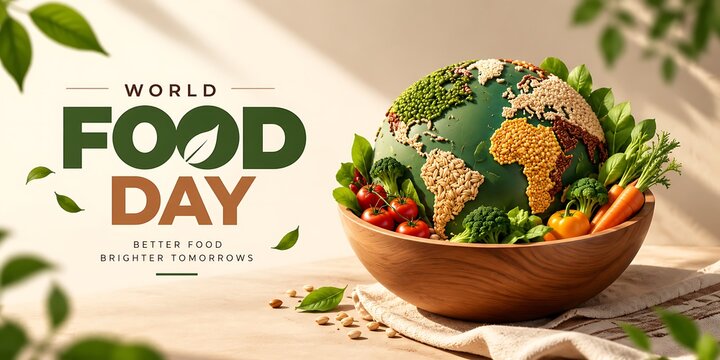Conceptual world food day illustration with a bowl filled with food arranged like a globe vegetables nutrition wellness
