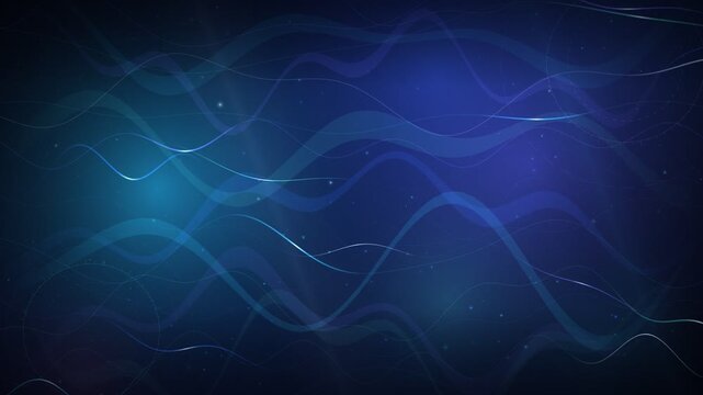 Abstract blue tech background with flowing wave lines and subtle particle glow in 4K