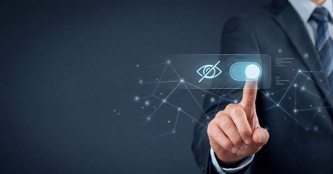 Businessman pushing digital touch screen button to hide personal information and secure private data