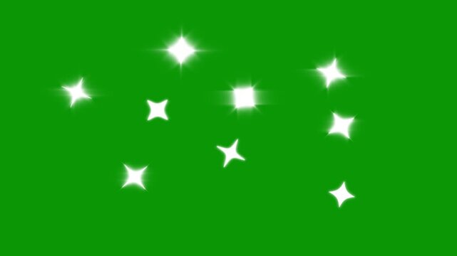Twinkle sparkle star animation with bright glowing stars, shimmering glitter dust, magical fairy light burst, white vector doodle effects and festive night sky overlay on green background, 4k video