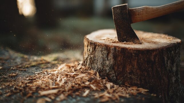A wood chopping block with an axe stuck into it, surrounded by wood chips, conjuring images of lumberjacking, woodworking, and manual labor