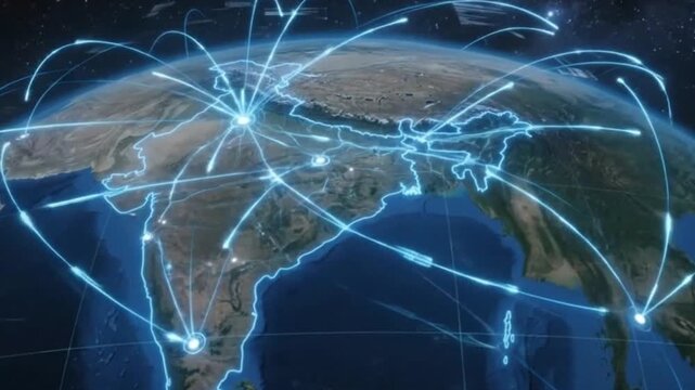 Global digital network connecting India and Asian regions with glowing blue technology lines representing internet and telecommunication