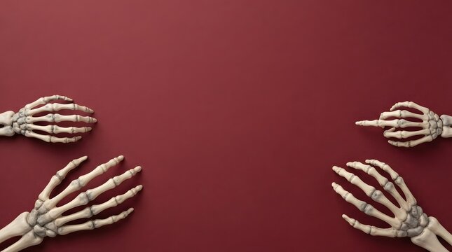 Creepy halloween composition featuring realistic 3d rendered skeleton hands on a dark dramatic red background for spooky designs