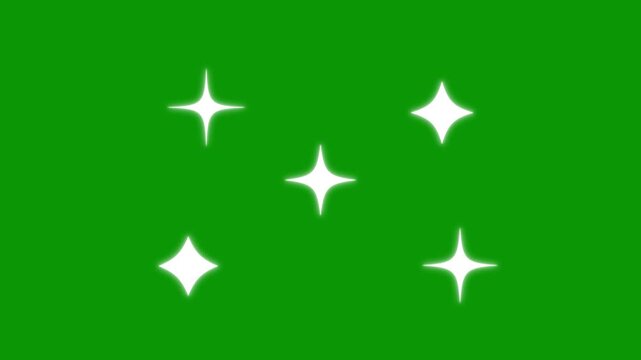 Bright star twinkle animation with shimmering sparkle, glowing glitter particles, white flat vector doodle stars, magical fairy dust burst and luminous night sky effect on green background, 4k loop