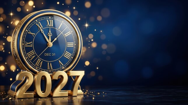 New year 2027 celebration with a golden clock showing december 31st against a festive dark blue bokeh background