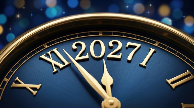 Conceptual image of a clock face showing the year 2027 with golden roman numerals and hands against a dark blue bokeh background representing the future