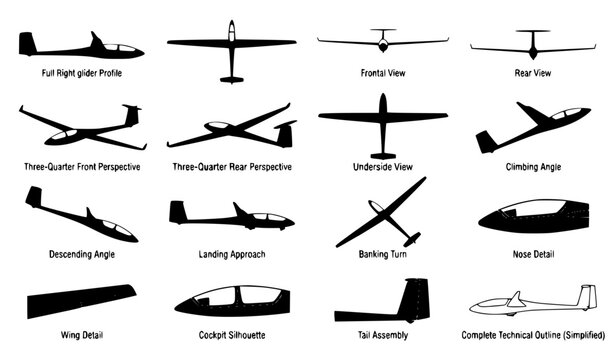 Set of isolated silhouettes showing glider aircraft