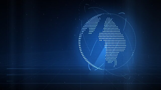 Futuristic broadcast globe background with digital data points and rotating world map