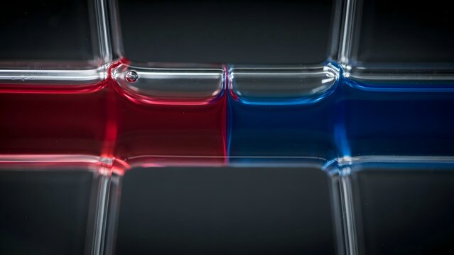 Close-up of illuminated red and blue glass tubes forming interconnected tubes in dark environment