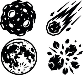 Asteroid, Meteor and Earth Silhouette Vector Set with Shattered Space Rock Debris    © MirzaAsmaul