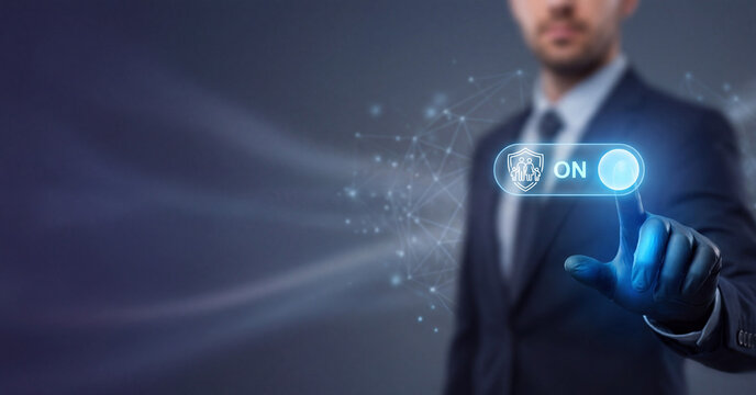 Professional businessman touching futuristic digital interface button for family insurance protection concept