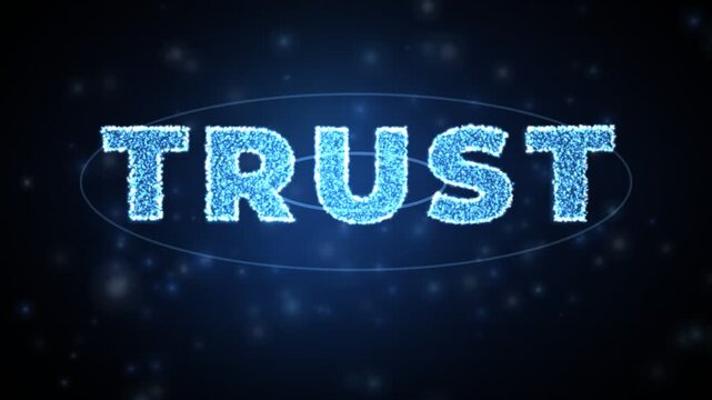 Glowing particle text TRUST with integrity security and reliability keywords in 4K loop