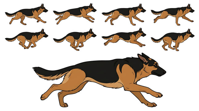 German Shepherd Dog Running and Walking Animation Pose Sequence Vector Illustration Set