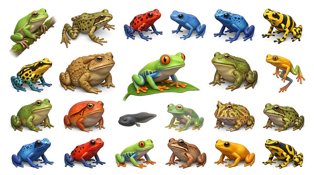Set of diverse exotic amphibian frogs and toads in different colors and species styles