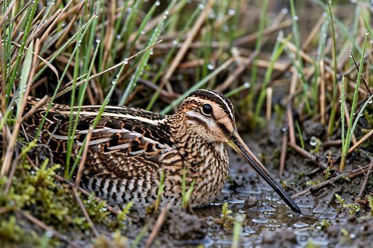 A common snipe bird standing in wet marshland grass