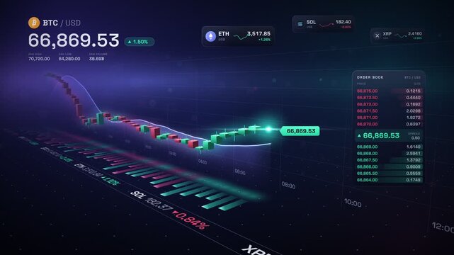 Cryptocurrency market price chart and trading data HUD interface in 4K