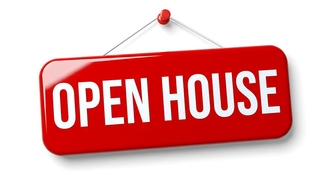 Red open house sign hanging on white wall showcasing real estate event and property
