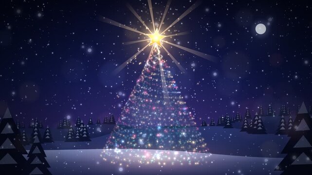 Glowing holiday christmas tree with shining star and falling snow loop animation