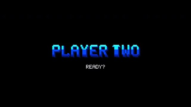 Pixel art player two ready text animation on transparent background
