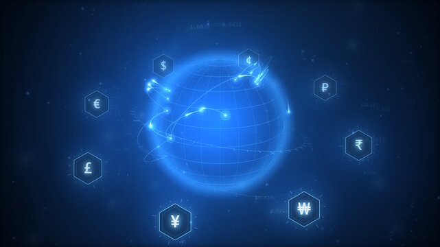 Global currency exchange rates and international monetary network in 4K