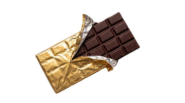 Dark chocolate bar partially unwrapped from gold foil on white