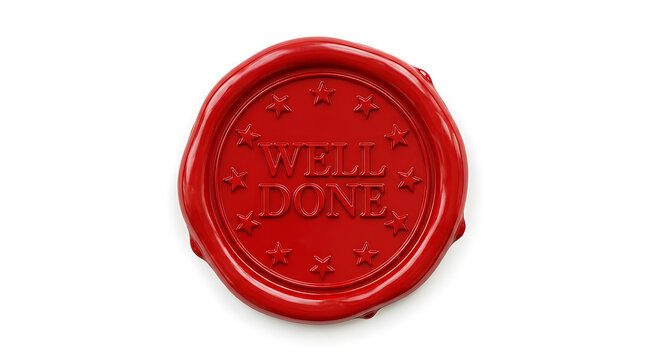 Red wax seal stamp with the text Well Done and stars isolated on white background
