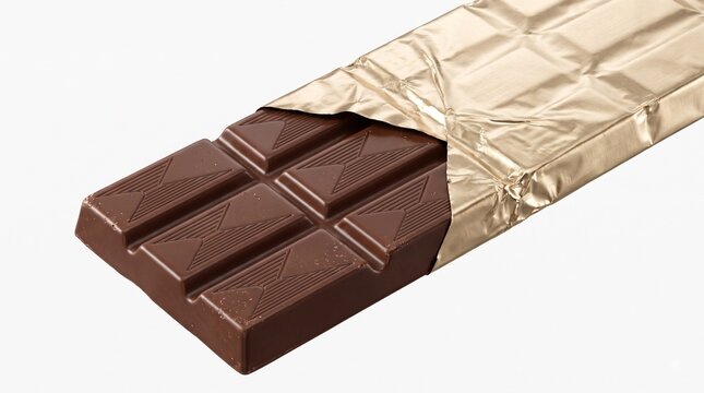 Milk chocolate bar partially unwrapped in gold foil on white