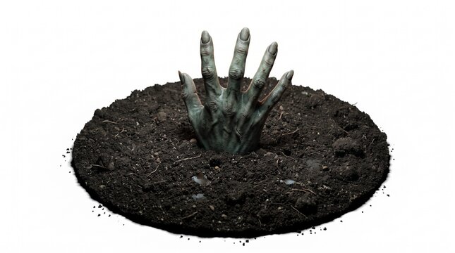 Halloween zombie hand rising from soil isolated on white background