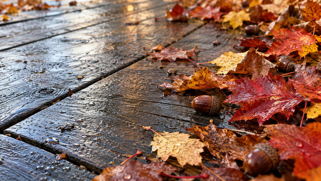 Wet Autumn Leaves and Acorns on Wooden Deck