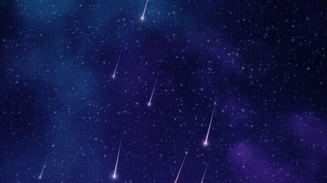 Stunning night sky background animation with falling shooting stars and glowing cosmic dust particles