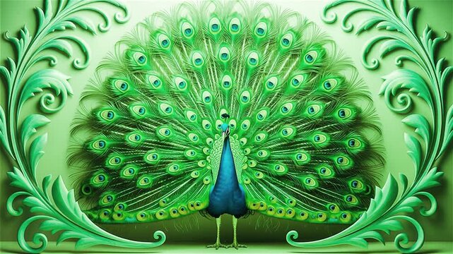 Decorative peacock displaying feathers, elegant green ornamental bird animation background, luxury wildlife design