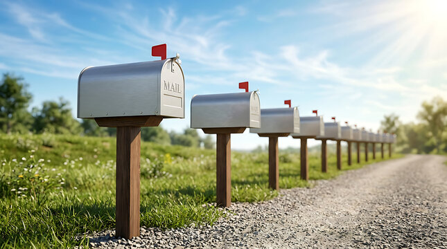 Row of silver metal mailboxes on wooden posts along a sunny rural dirt road