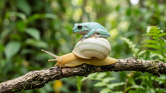 Cute dumpy tree frog resting on snail shell while crawling on branch in nature