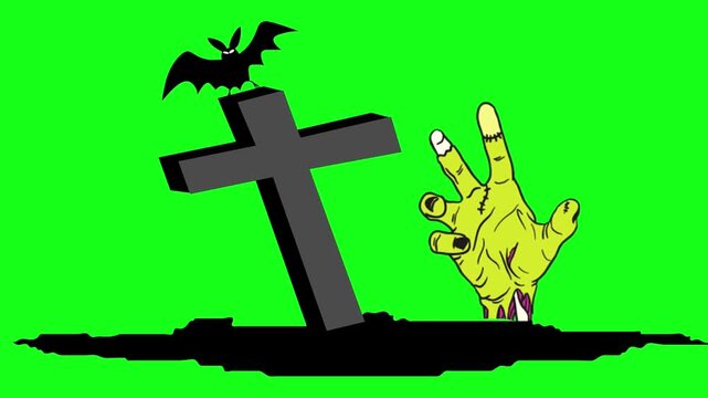 Animated zombie hand emerging from grave ground beside tombstone cross and bat on green screen chroma key screen