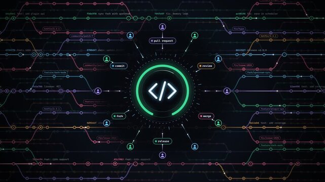 Open source code development workflow graph with branching and merging commits