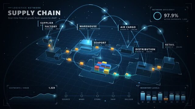 Futuristic Global Supply Chain Logistics Network Real Time Freight Tracking Infographic
