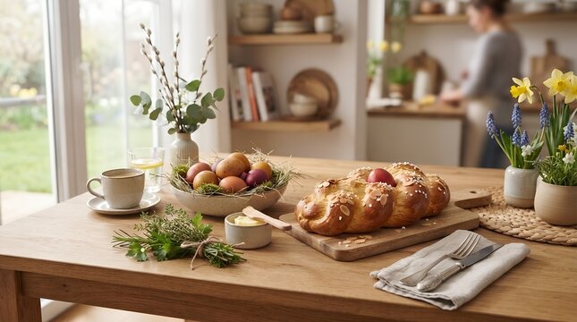 Easter Brunch Table with Bread Eggs Flowers and Spring Breakfast Food