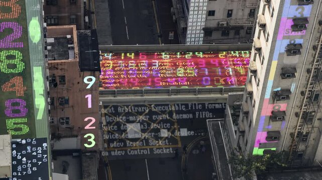 hong kong cyberpunk city with overlayed code and data on the buildings
