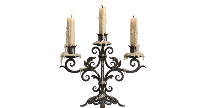 Candlestick holder crafted from dark forged metal supporting three tapered candles dripping with yellowish wax isolated on a bright transparent background.