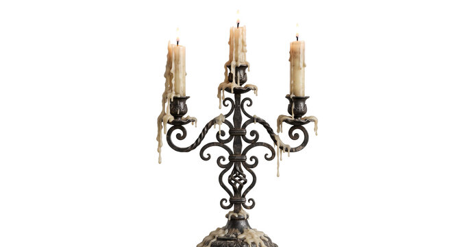 Candelabra featuring ornate wrought iron scrollwork holding three melting ivory candles dripping with wax against a clean isolated transparent backdrop.