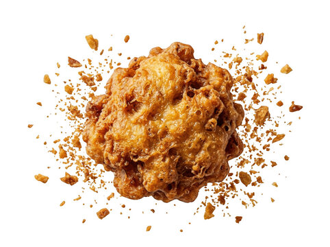 A crispy golden fried chicken nugget with delicious crumbs flying around transparent background
