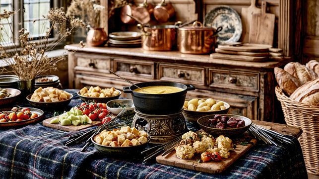 Traditional Swiss Cheese Fondue with Rustic Dipping Ingredients &ndash; AI Generative