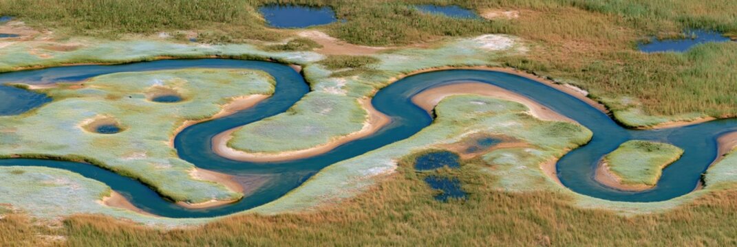 Aerial view of sinuous river winding through wetlands during dry season