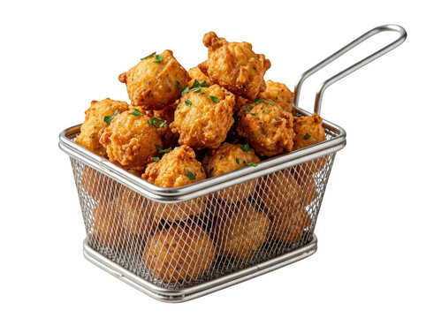 A metal serving basket filled with golden deep fried corn hushpuppies isolated on white background transparent background