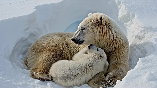 Polar bear mother and cute cub resting together in a snow den